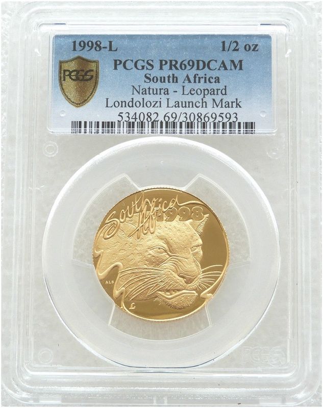 1998-L South Africa Natura Launch Londolozi Mint Mark Leopard Gold Proof 1/2oz Coin PCGS PR69 DCAM