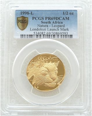 1998-L South Africa Natura Launch Londolozi Mint Mark Leopard Gold Proof 1/2oz Coin PCGS PR69 DCAM