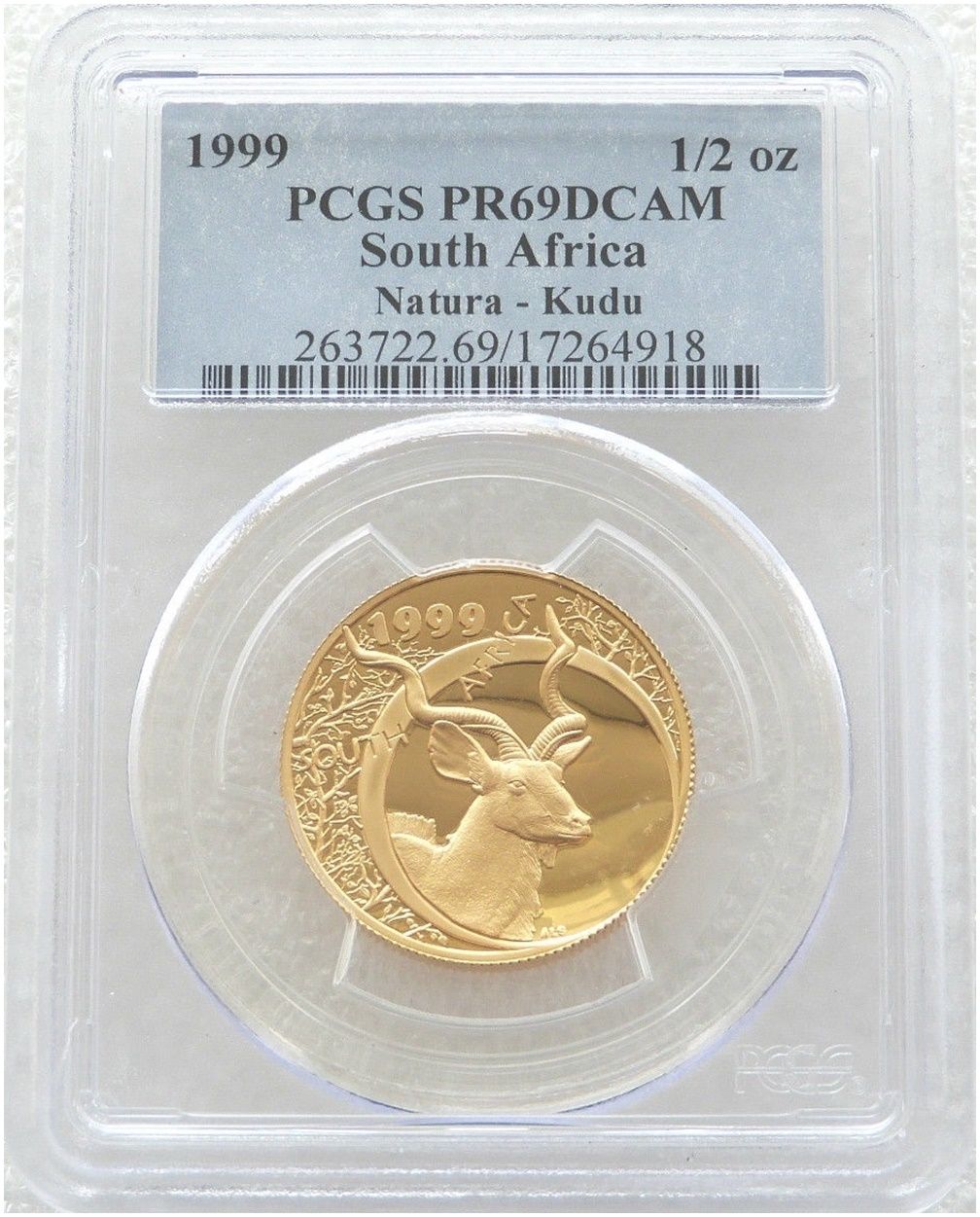 1999 South Africa Natura Kudu Bull Gold Proof 1/2oz Coin PCGS PR69 DCAM 1999 South Africa Natura Kudu Bull Gold Proof 1/2oz Coin PCGS PR69 DCAM