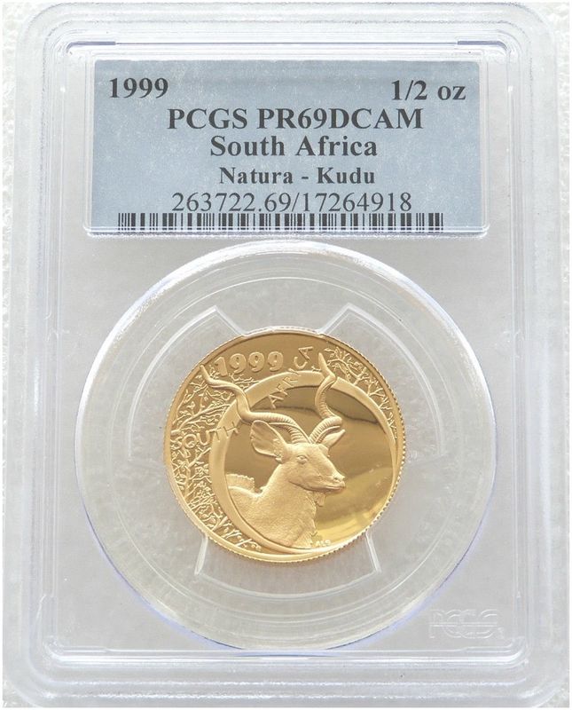 1999 South Africa Natura Kudu Bull Gold Proof 1/2oz Coin PCGS PR69 DCAM 1999 South Africa Natura Kudu Bull Gold Proof 1/2oz Coin PCGS PR69 DCAM