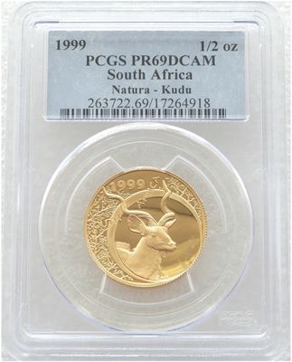 1999 South Africa Natura Kudu Bull Gold Proof 1/2oz Coin PCGS PR69 DCAM 1999 South Africa Natura Kudu Bull Gold Proof 1/2oz Coin PCGS PR69 DCAM