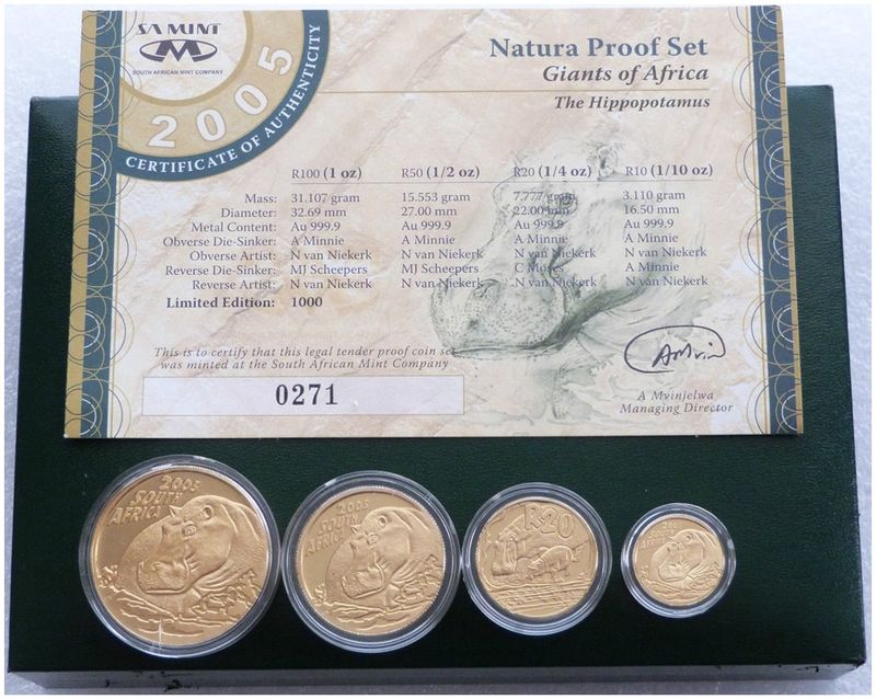 2005 South Africa Natura Hippopotamus Gold Proof 4 Coin Set Box Coa