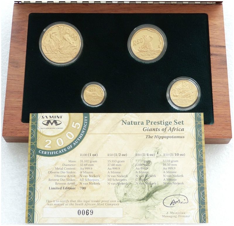 2005 South Africa Prestige Natura Hippopotamus Gold Proof 4 Coin Set Box Coa - Mintage 686 2005 South Africa Prestige Natura Hippopotamus Gold Proof 4 Coin Set Box Coa - Mintage 686