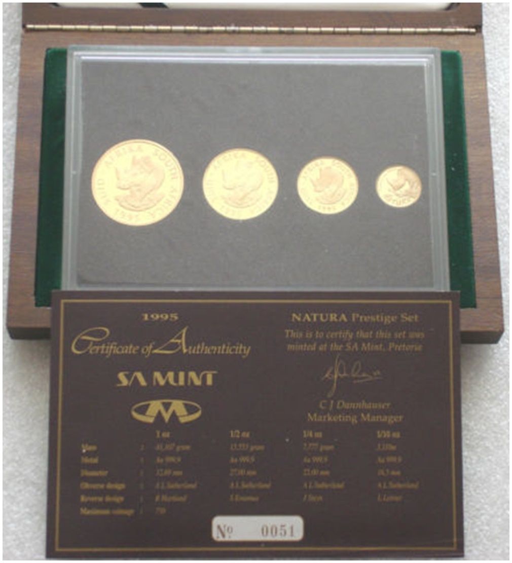 1995 South Africa Prestige Natura Rhino Gold Proof 4 Coin Set Box Coa 1995 South Africa Prestige Natura Rhino Gold Proof 4 Coin Set Box Coa