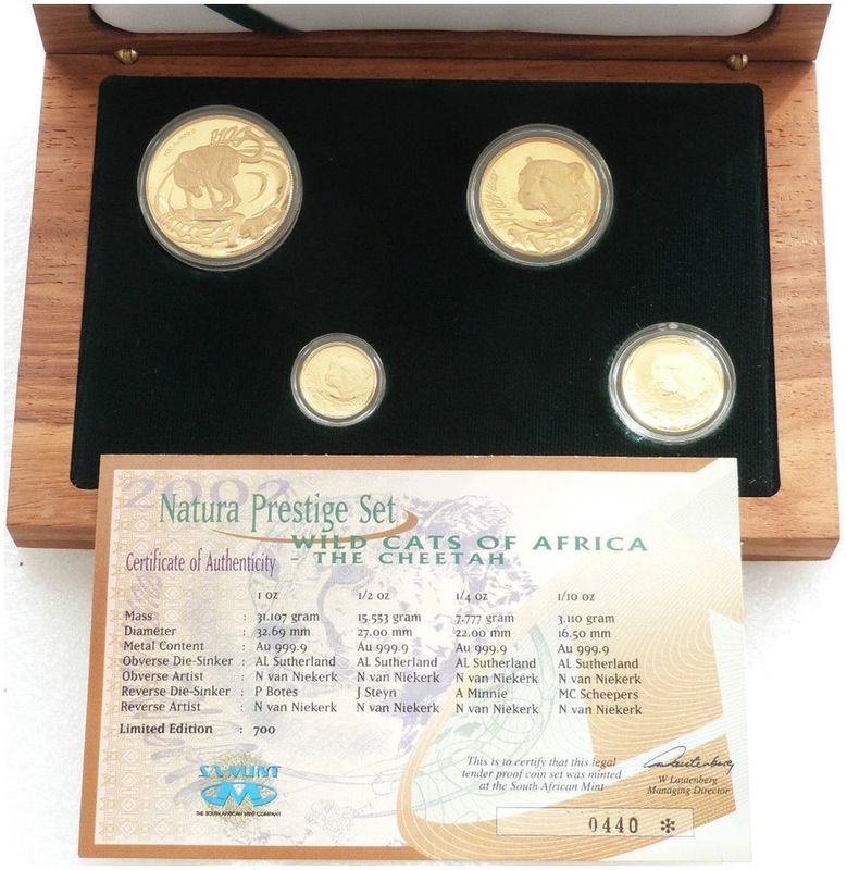 2002 South Africa Prestige Natura Cheetah Gold Proof 4 Coin Set Box Coa - Issue 698 2002 South Africa Prestige Natura Cheetah Gold Proof 4 Coin Set Box Coa - Issue 698