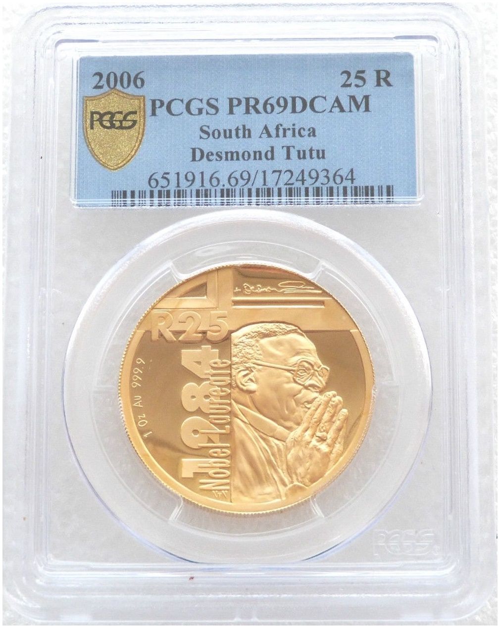 2006 South Africa Protea Desmond Tutu 25 Rand Gold Proof 1oz Coin PCGS PR69 DCAM 2006 South Africa Protea Desmond Tutu 25 Rand Gold Proof 1oz Coin PCGS PR69 DCAM