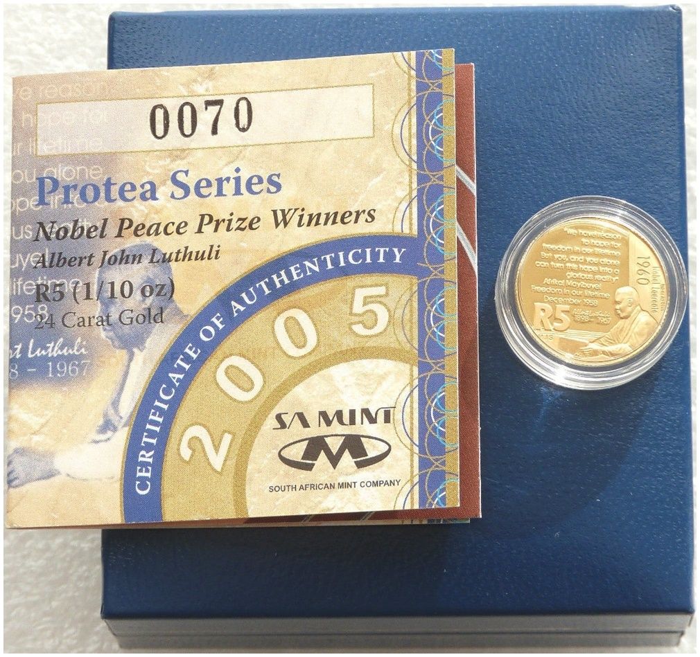 2005 South Africa Protea Albert Luthuli 5 Rand Gold Proof 1/10oz Coin Box Coa