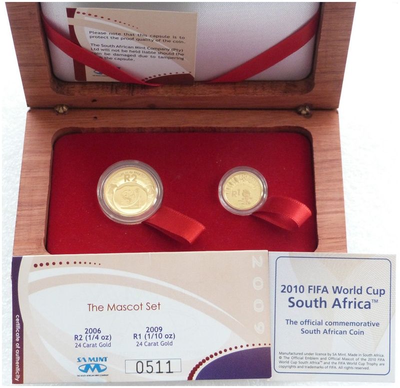 2009 South Africa FIFA Football World Cup Mascot 2 Rand 1 Rand Gold Proof 2 Coin Set Box Coa 2009 South Africa FIFA Football World Cup Mascot 2 Rand 1 Rand Gold Proof 2 Coin Set Box Coa