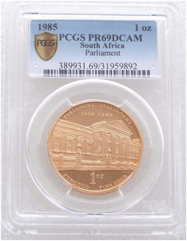 1985 South Africa Parliament 75th Anniversary Gold Proof 1oz Coin PCGS PR69 DCAM 1985 South Africa Parliament 75th Anniversary Gold Proof 1oz Coin PCGS PR69 DCAM