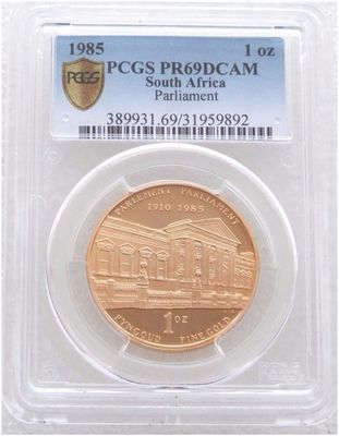 1985 South Africa Parliament 75th Anniversary Gold Proof 1oz Coin PCGS PR69 DCAM 1985 South Africa Parliament 75th Anniversary Gold Proof 1oz Coin PCGS PR69 DCAM