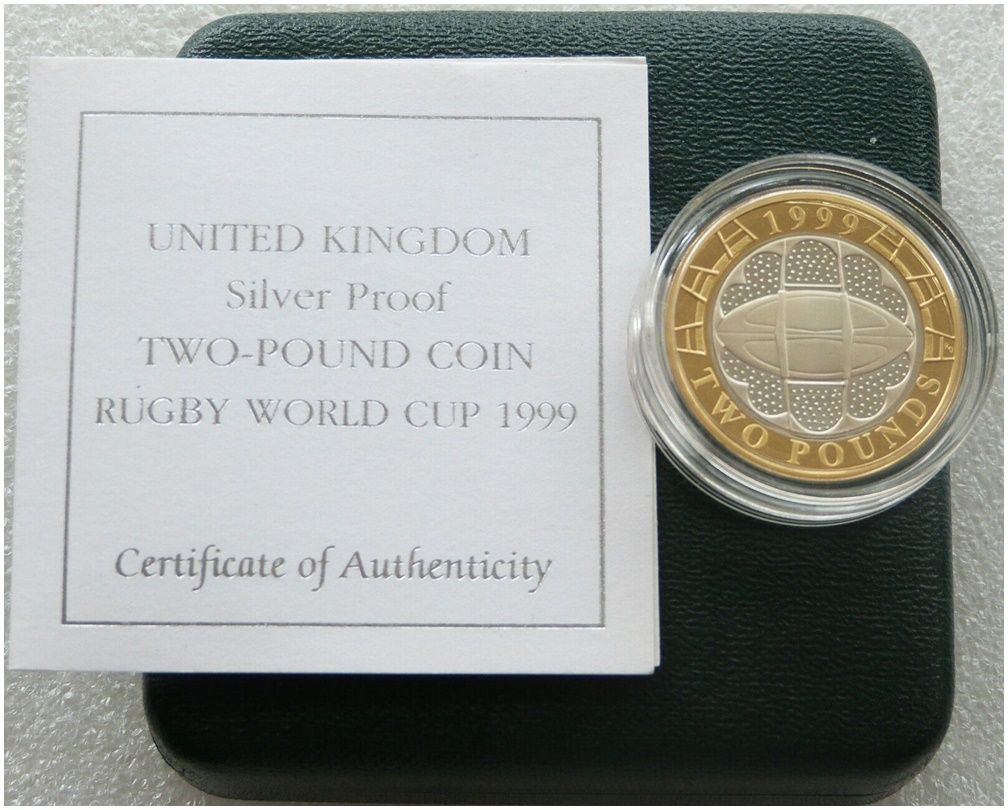 1999 Rugby World Cup £2 Silver Proof Coin Box Coa 1999 Rugby World Cup £2 Silver Proof Coin Box Coa