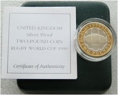 1999 Rugby World Cup £2 Silver Proof Coin Box Coa 1999 Rugby World Cup £2 Silver Proof Coin Box Coa