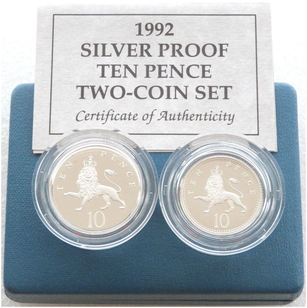 1992 Crowned Lion Passant 10p Silver Proof 2 Coin Set Box Coa
