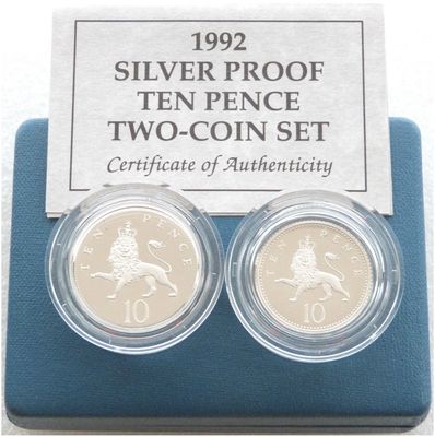 1992 Crowned Lion Passant 10p Silver Proof 2 Coin Set Box Coa