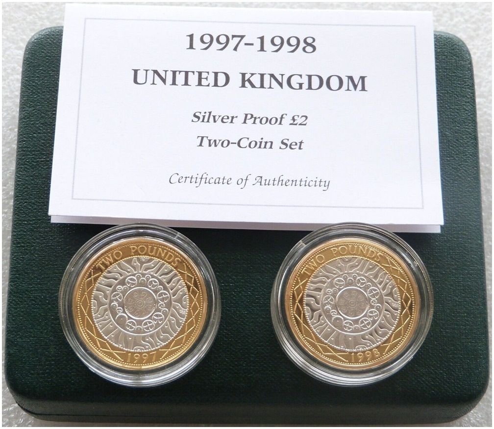 1997 - 1998 Shoulders of Giants £2 Silver Proof 2 Coin Set Box Coa 1997 - 1998 Shoulders of Giants £2 Silver Proof 2 Coin Set Box Coa