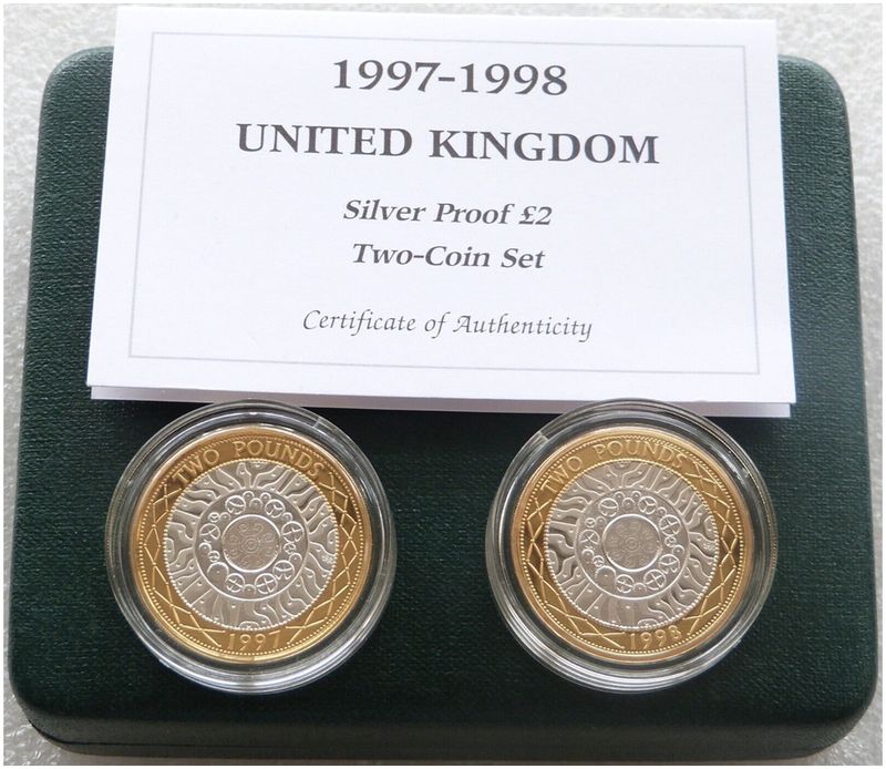 1997 - 1998 Shoulders of Giants £2 Silver Proof 2 Coin Set Box Coa 1997 - 1998 Shoulders of Giants £2 Silver Proof 2 Coin Set Box Coa