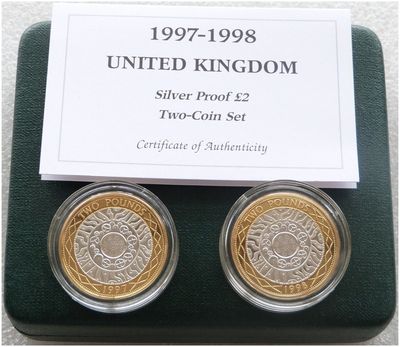 1997 - 1998 Shoulders of Giants £2 Silver Proof 2 Coin Set Box Coa 1997 - 1998 Shoulders of Giants £2 Silver Proof 2 Coin Set Box Coa