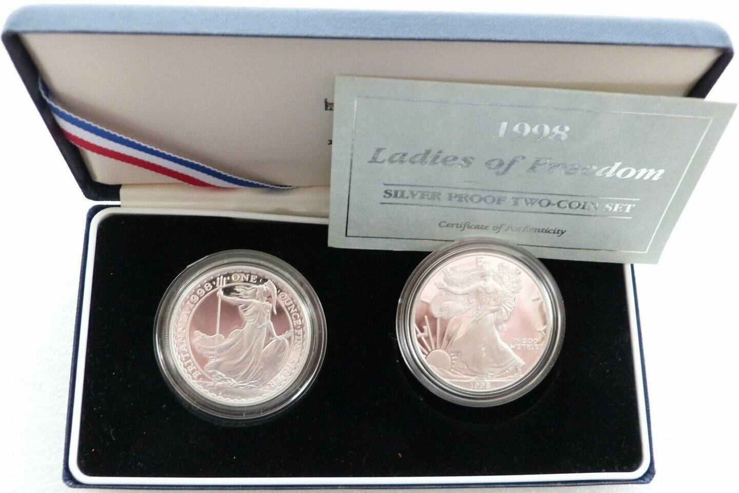 1998 Ladies of Freedom Britannia and American Eagle Silver Proof 2 Coin Set Box Coa 1998 Ladies of Freedom Britannia and American Eagle Silver Proof 2 Coin Set Box Coa
