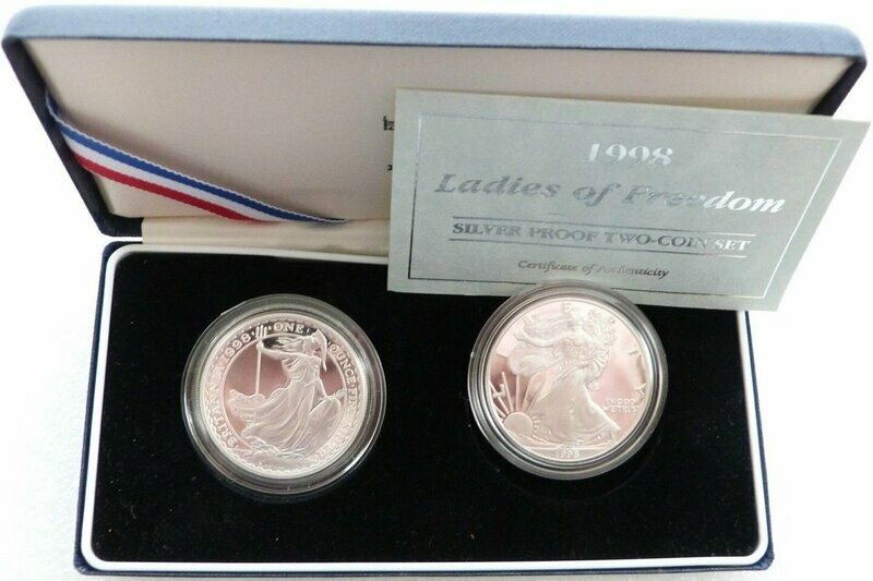 1998 Ladies of Freedom Britannia and Liberty Silver Proof 2 Coin Set Box Coa 1998 Ladies of Freedom Britannia and Liberty Silver Proof 2 Coin Set Box Coa