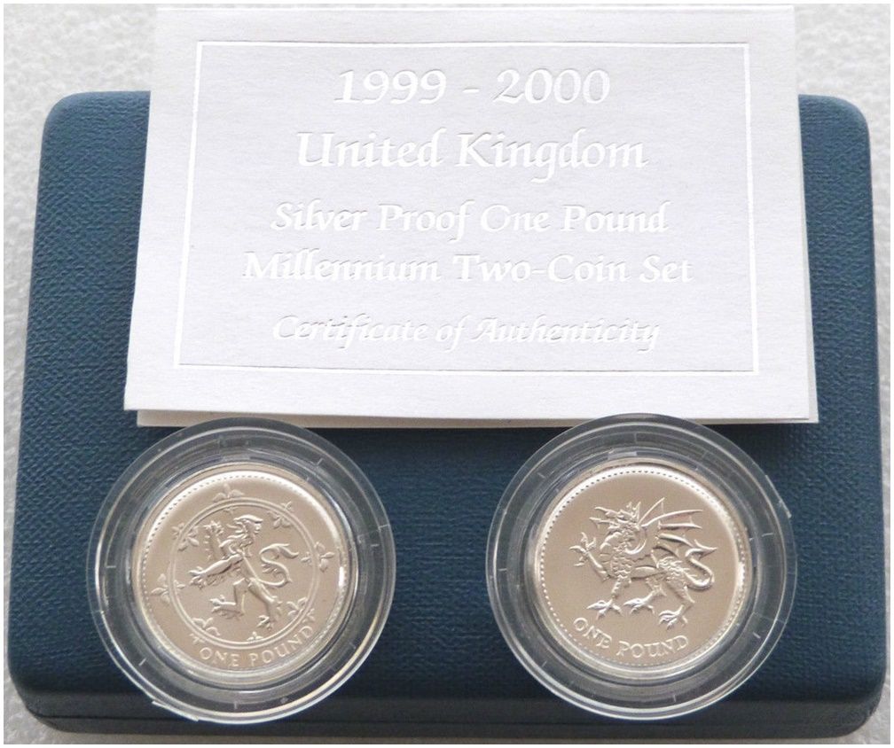 2000 - 1999 Millennium Frosted £1 Silver Matte Proof 2 Coin Set Box Coa 2000 - 1999 Millennium Frosted £1 Silver Matte Proof 2 Coin Set Box Coa