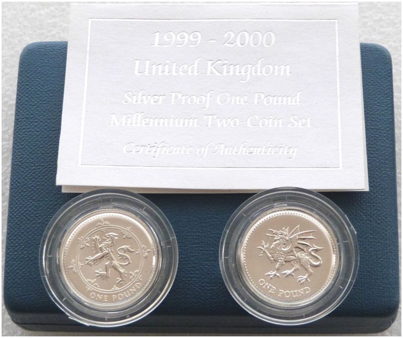 2000 - 1999 Millennium Frosted £1 Silver Matte Proof 2 Coin Set Box Coa 2000 - 1999 Millennium Frosted £1 Silver Matte Proof 2 Coin Set Box Coa