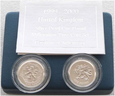 2000 - 1999 Millennium Frosted £1 Silver Matte Proof 2 Coin Set Box Coa 2000 - 1999 Millennium Frosted £1 Silver Matte Proof 2 Coin Set Box Coa