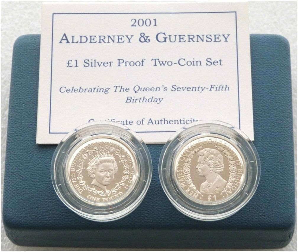 2001 Queen's 75th Birthday £1 Silver Proof 2 Coin Box Coa 2001 Queen's 75th Birthday £1 Silver Proof 2 Coin Box Coa
