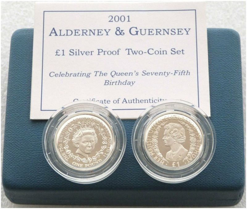 2001 Queen's 75th Birthday £1 Silver Proof 2 Coin Box Coa 2001 Queen's 75th Birthday £1 Silver Proof 2 Coin Box Coa