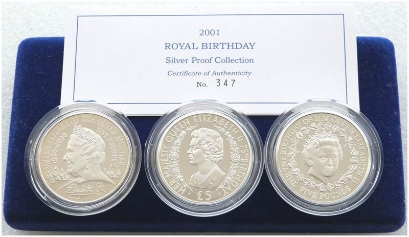 2001 Royal Birthday £5 Silver Proof 3 Coin Set Box Coa 2001 Royal Birthday £5 Silver Proof 3 Coin Set Box Coa