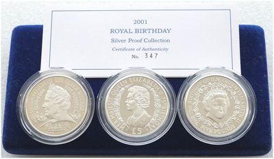 2001 Royal Birthday £5 Silver Proof 3 Coin Set Box Coa 2001 Royal Birthday £5 Silver Proof 3 Coin Set Box Coa