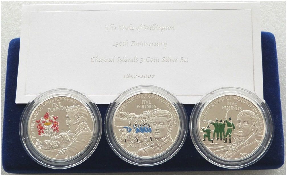 2002 Duke of Wellington 150th Anniversary £5 Silver Proof 3 Coin Set Box Coa 2002 Duke of Wellington 150th Anniversary £5 Silver Proof 3 Coin Set Box Coa