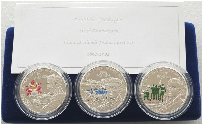 2002 Duke of Wellington 150th Anniversary £5 Silver Proof 3 Coin Set Box Coa 2002 Duke of Wellington 150th Anniversary £5 Silver Proof 3 Coin Set Box Coa