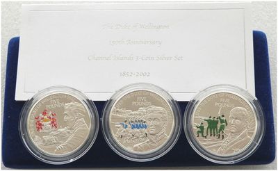 2002 Duke of Wellington 150th Anniversary £5 Silver Proof 3 Coin Set Box Coa 2002 Duke of Wellington 150th Anniversary £5 Silver Proof 3 Coin Set Box Coa
