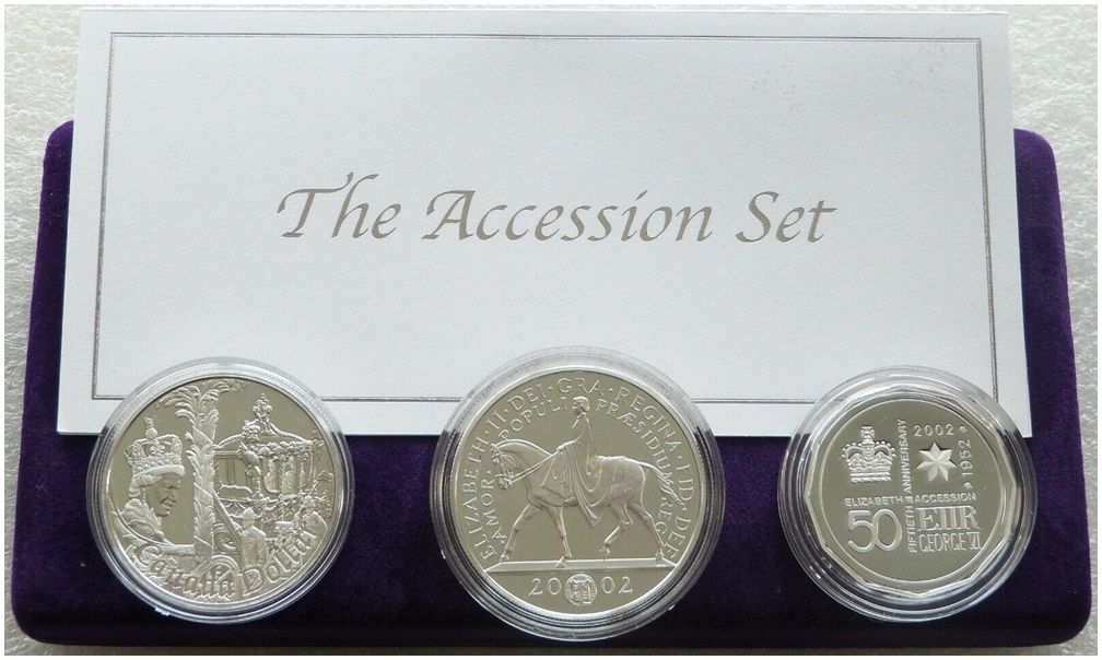 2002 Golden Jubilee Accession Silver Proof 3 Coin Set Box Coa