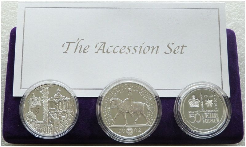 2002 Golden Jubilee Accession Silver Proof 3 Coin Set Box Coa
