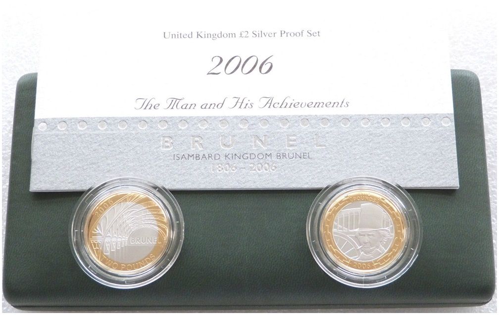 2006 Isambard Brunel £2 Silver Proof 2 Coin Set Box Coa 2006 Isambard Brunel £2 Silver Proof 2 Coin Set Box Coa