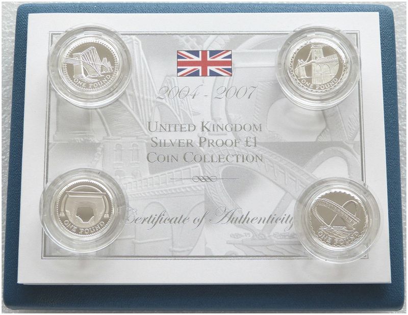 2004 - 2007 United Kingdom Bridges £1 Silver Proof 4 Coin Set Box Coa