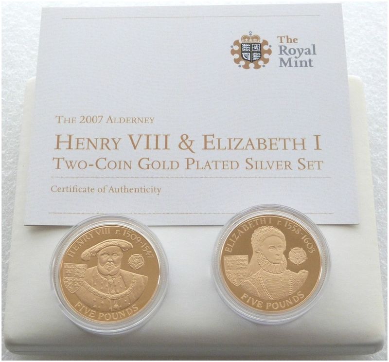 2007 Alderney Elizabeth I King Henry VIII £5 Silver Gold Proof 2 Coin Set Box Coa 2007 Alderney Elizabeth I King Henry VIII £5 Silver Gold Proof 2 Coin Set Box Coa