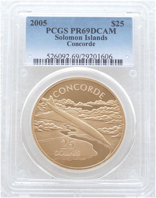 2005 Solomon Islands History Powered Flight Concorde $25 Silver Gold Proof 1oz Coin PCGS PR69 DCAM 2005 Solomon Islands History Powered Flight Concorde $25 Silver Gold Proof 1oz Coin PCGS PR69 DCAM
