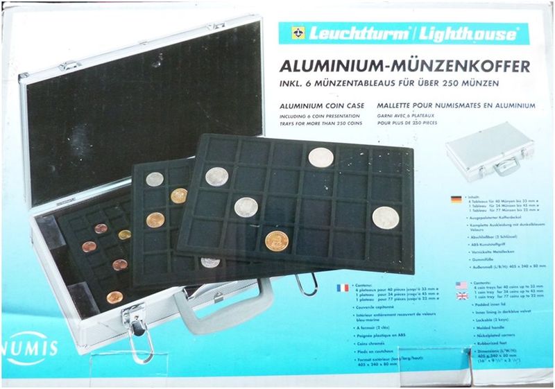 Aluminium Coin Case with 6 Coin Presentation Trays Holding 261 Coins Aluminium Coin Case with 6 Coin Presentation Trays Holding 261 Coins
