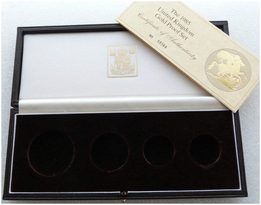 1985 Royal Mint Sovereign Gold Proof 4 Coin Set Box Coa No Coins 1985 Royal Mint Sovereign Gold Proof 4 Coin Set Box Coa No Coins