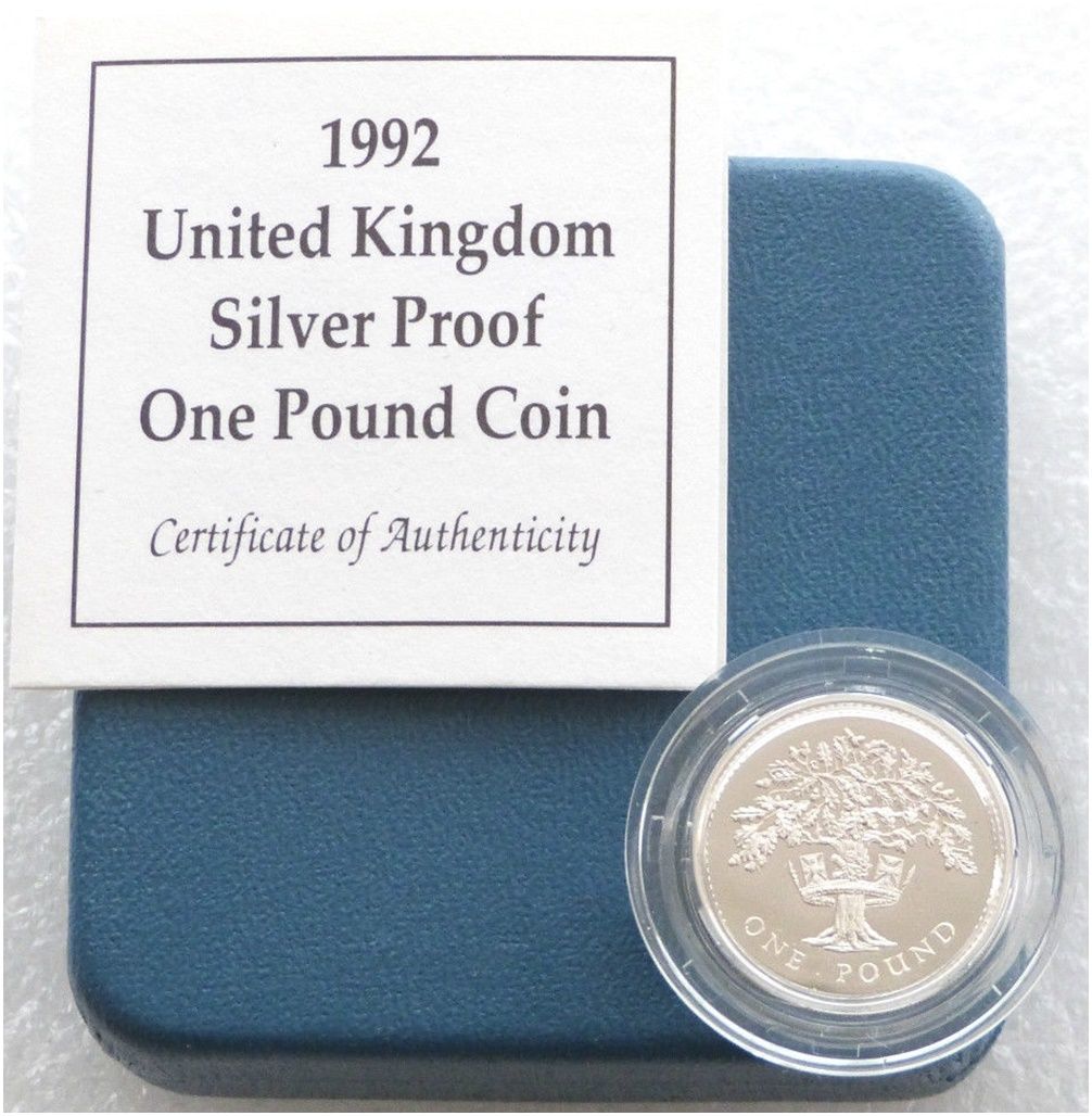 1992 English Royal Oak Tree £1 Silver Proof Coin Box Coa