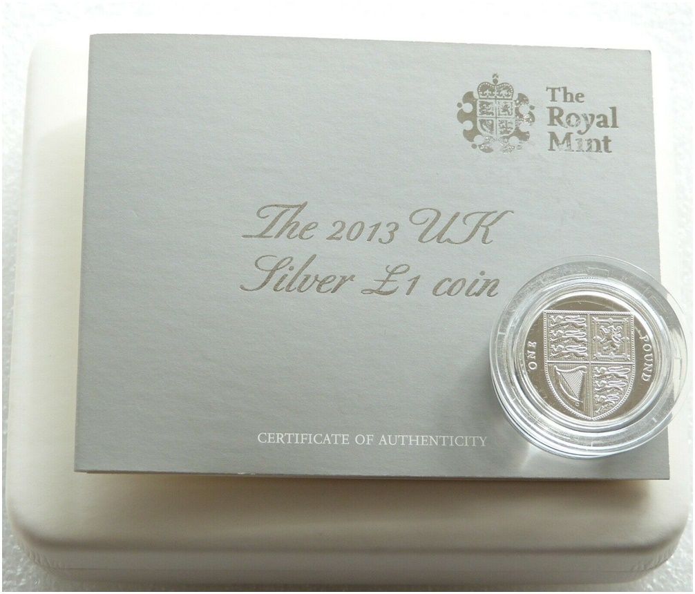 2013 Royal Shield of Arms BU £1 Silver Coin Box Coa