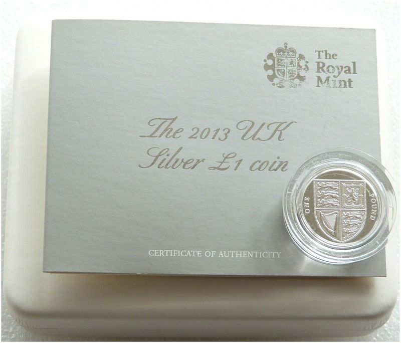2013 Royal Shield of Arms BU £1 Silver Coin Box Coa