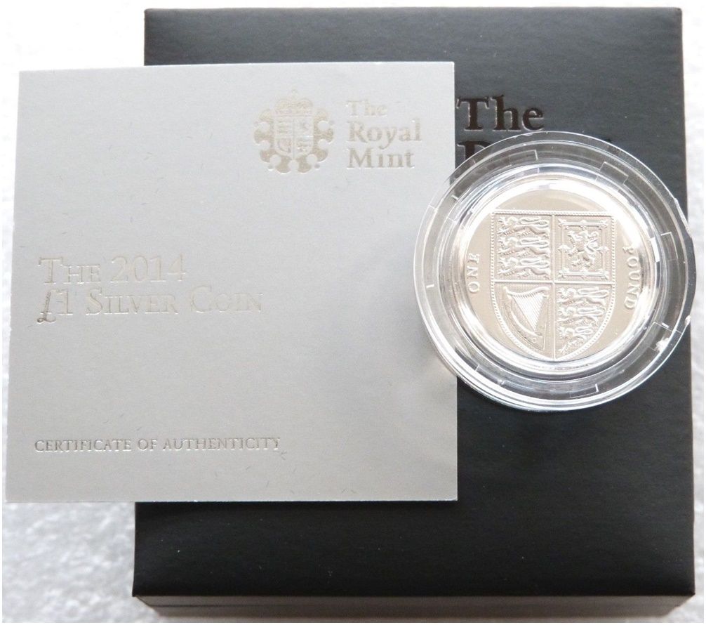 2014 Royal Shield of Arms BU £1 Silver Coin Box Coa