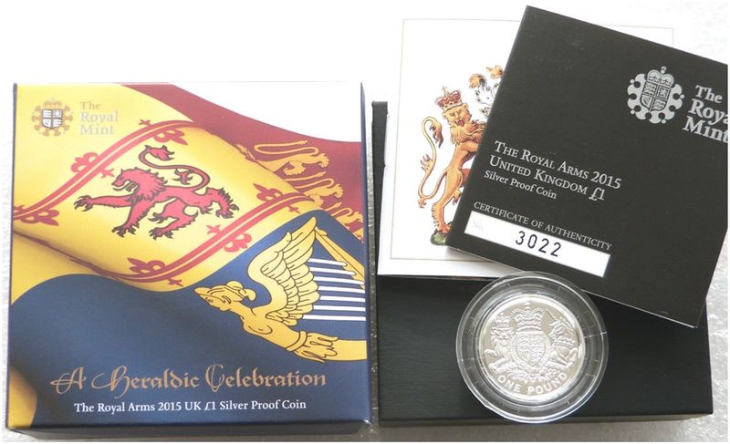 2015 Royal Arms £1 Silver Proof Coin Box Coa