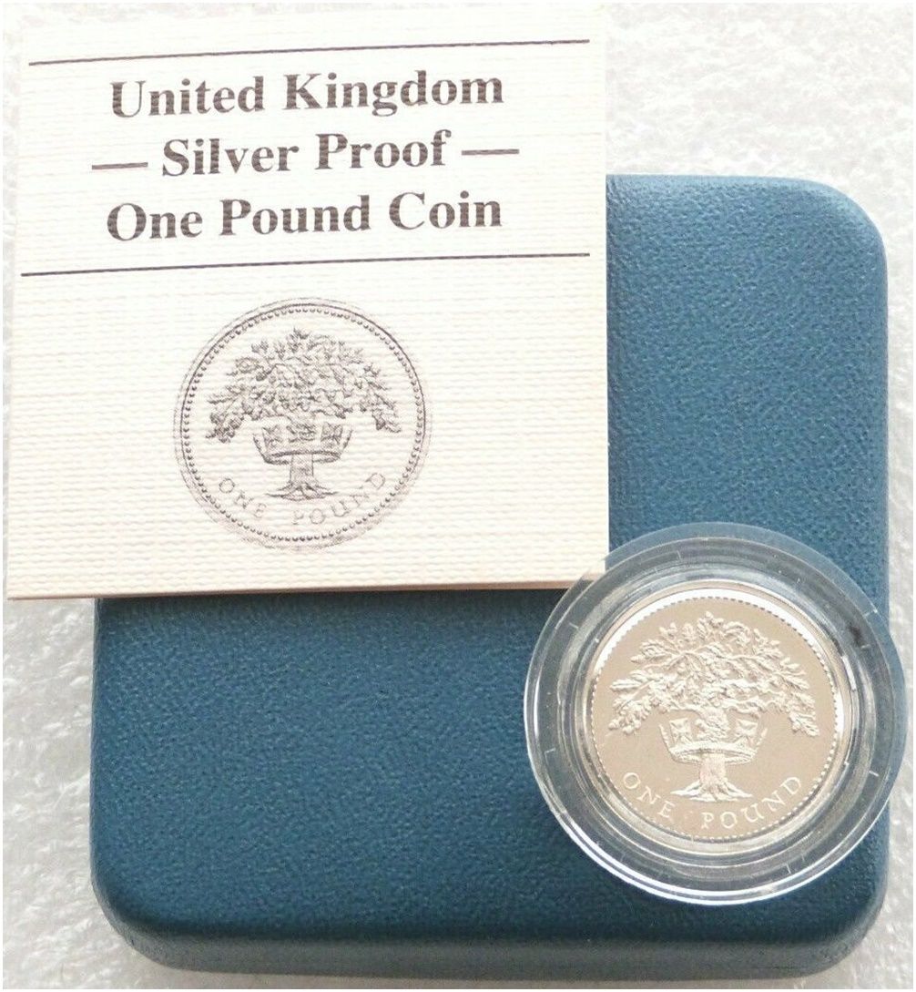 1987 English Royal Oak Tree £1 Silver Proof Coin Box Coa