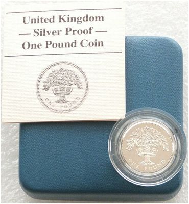 1987 English Royal Oak Tree £1 Silver Proof Coin Box Coa