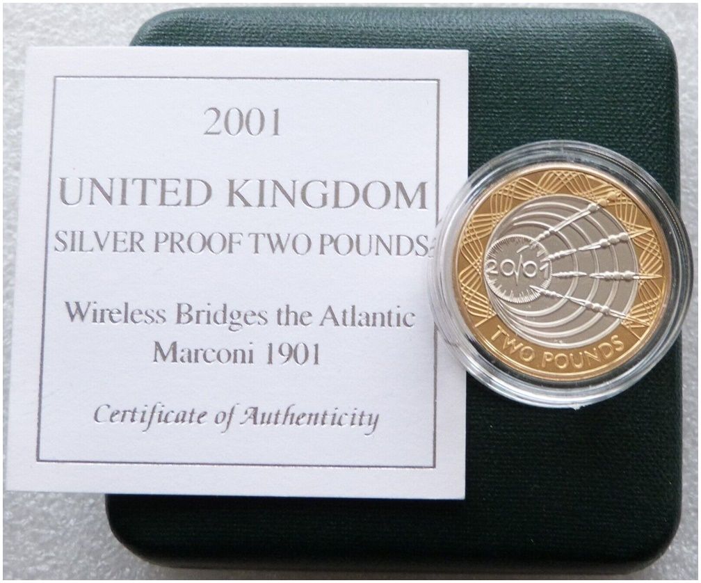 2001 Marconi £2 Silver Proof Coin Box Coa 2001 Marconi £2 Silver Proof Coin Box Coa