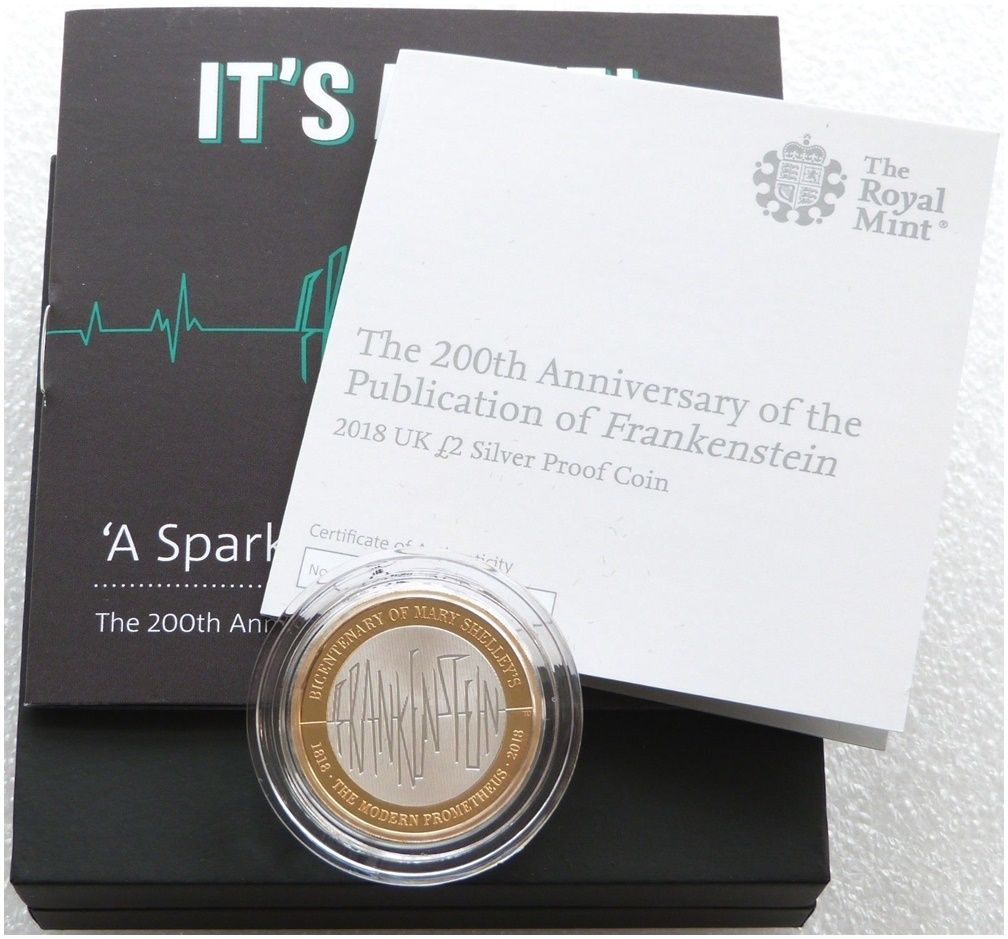 2018 Mary Shelley Frankenstein £2 Silver Proof Coin Box Coa 2018 Mary Shelley Frankenstein £2 Silver Proof Coin Box Coa
